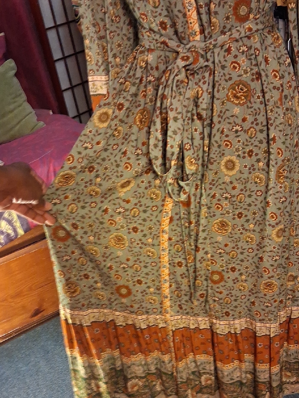 Spell Olive & Rust Floral Tie-Waist Viscose Midi Dress - Picture 7 of 8